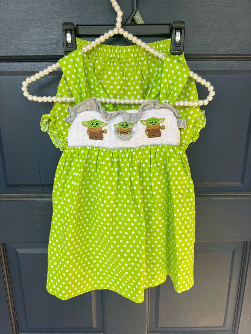 Green Polka Dot Smocked Short Set With Baby Yoda Embroidery